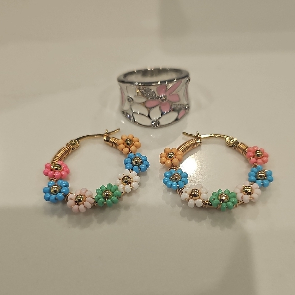 Colorful Floral Hoop Earrings and Size 7 Ring Set